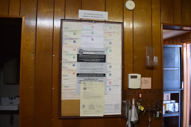 Licenses and certificates posted on the office wall